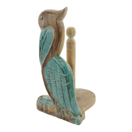 Houten keukenrolhouder van pelikaan wit en turquoise ± 32x20x17 cm