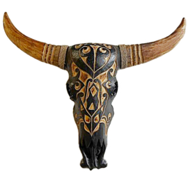 (Fairtrade) Houten "buffalo skull" zwart met mooie versieringen 47x10x35cm