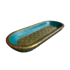 Houten Langwerpige decoratieve schaal - Turquoise en goud - 43 x 18 cm