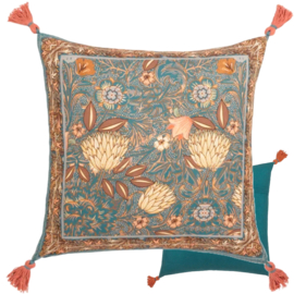 Kussenhoes katoen met kwastjes - vintage bloemen motief - petrolblauw en brickoranje - 50x50cm