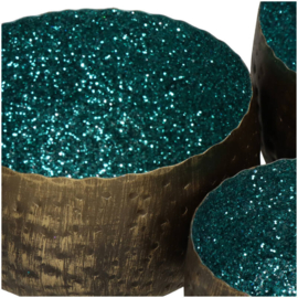 Set van drie waxinelichten - emerald groen teal glitters 12x12x7cm