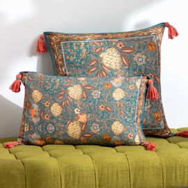 Kussenhoes katoen met kwastjes - vintage bloemen motief - petrolblauw en brickoranje - 50x50cm