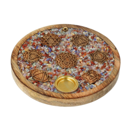 Mango houten - wierook-kegel-houder - 7 Chakra's - met gemengde chakra's steentjes