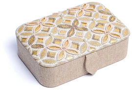 Sieraden / tarotdoos chambray katoen beige/goud met Bloem des Levens 11x15,5x5cm
