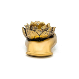 Goudkleurige theelichthouder - handen met lotusbloem -  16 x 8 x 5,5 cm
