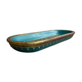 Houten Langwerpige decoratieve schaal - Turquoise en goud - 43 x 18 cm