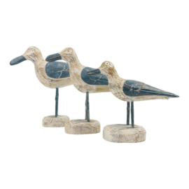 Set van drie houten strandvogels - beige en blauw -L:33x26x8 M:28x24x8 S:24x15x8 cm