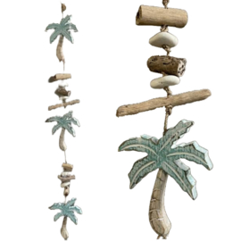 Houten decoratie aan touw - turquoise en witte palmbomen - 90cm lang