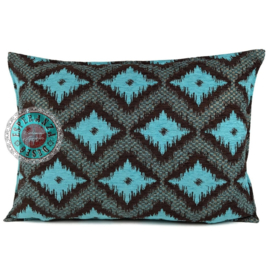 Turquoise met bruin kussen - met ruit/kelim (bruin) patroon ± 50x70cm