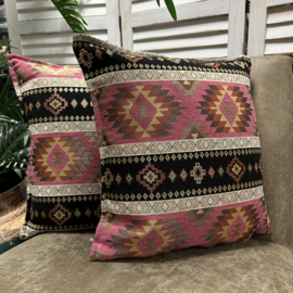 Set van twee kussenhoezen - kelim patronen - Crème, zwart, roze - 45x45cm