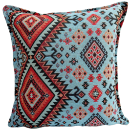 Esperanza Deseo ® kussen - kelim - blauw met rood oranje ± 45x45cm