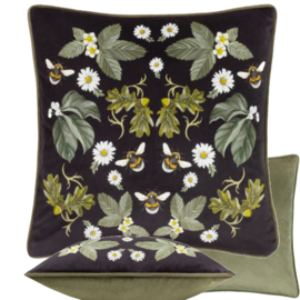 Kussenhoes velvet - print met bijtjes en bloemen - groentinten, zwart - 45x45cm