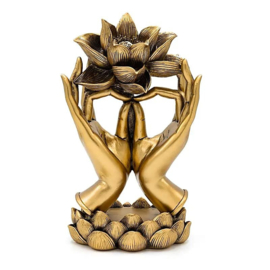 Goudkleurig beeld - handen met lotusbloem - 14,5 x 10 x 25cm