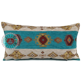 Esperanza Deseo ® kussen - Aztec stripes - turquoise en ivoor ± 30x60cm (stofcode CW))