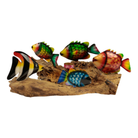 Decoratie - metaal tropische vissen op hout (unieke items) ± 5x15x50cm