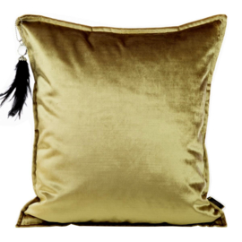 Velvet goud kussenhoes met decoratieve hanger met zwarte veren 45x45cm