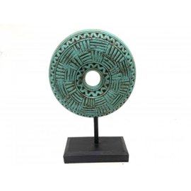 Turquoise houten decoratie op voet - Maat M - 35cm