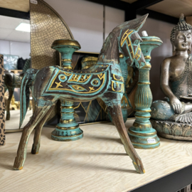 Houten turquoise groen met gouden paard (handgemaakt) ± 32x32cm