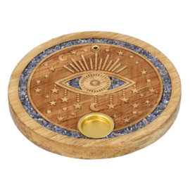Mango houten - wierook-kegel-houder - Spiritueel oog - met sodaliet steentjes