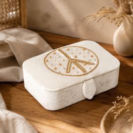 Sieraden- en tarotdoos fluweel gebroken wit met Bloem des Levens en peace teken