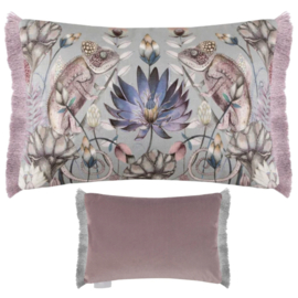 Kussenhoes met franjes - grijs violet met kameleons - 40x60cm