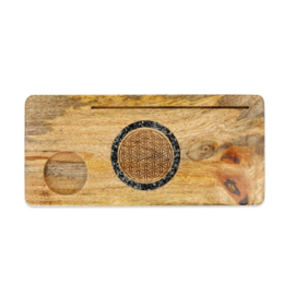 Mango houten - kaart-fotohouder - Flower of life - toermalijn en pyriet steentjes