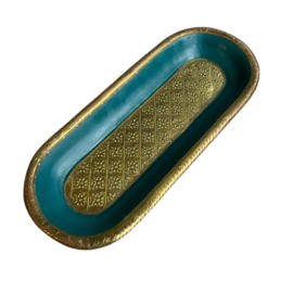 Houten Langwerpige decoratieve schaal - Turquoise en goud - 43 x 18 cm
