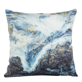 Velvet kussenhoes marmerlook, goud, zwart, blauw en wit 45x45cm