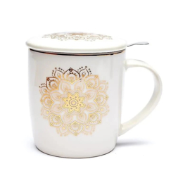 Theemok met theezeef en deksel Mandala – wit met goud – 400 ml