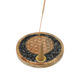 Mango houten - wierook-kegel-houder - Flower of life - toermalijn en pyriet steentjes