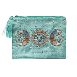 Fluwelen etui met fijn borduurwerk en decoratieve kraaltjes - mint met maanfasen 20x15cm