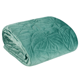 Bedsprei - donker mint groen fluweel met blad motief 280x260cm