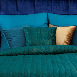 Teal petrol fluweel met goud kussen 45x45cm (passend bij bedsprei)