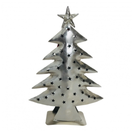 Metalen kerstboom met deurtje voor een (led)kaars/waxinelichtje - zilver - gerecycled metaal - 40cm hoog