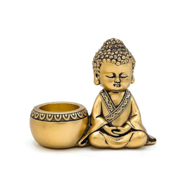 Theelichthouder mediterende Boeddha – goudkleurig – 13 × 6 × 11 cm