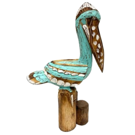 Turquoise houten pelikaan op meerpaal - 55cm hoog