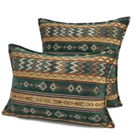 Esperanza Deseo ® kussen - Zigzag Ethnic - smaragd groen en camel ± 45x45cm