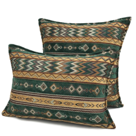 Esperanza Deseo ® kussen - Zigzag Ethnic - smaragd groen en camel ± 30x45cm