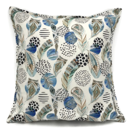 Ivoor kussen - Boho print met mint, bruine en blauwe veren ± 45x45cm