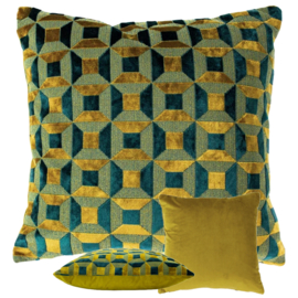 Kussenhoes mix fluweel en Jacquard - Teal, goudgeel - 45x45cm