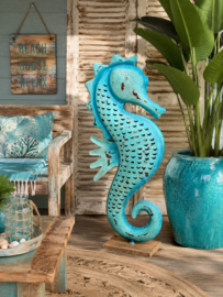 Turquoise metalen zeepaard - met ruimte voor lamp/kaars - 110cm hoog