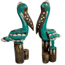 Turquoise houten pelikaan op meerpaal - 55cm hoog