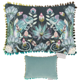 Set van 2 kleine kussenhoesjes - kameleons en lotusbloemen - jade en donkerblauw - 25x35cm