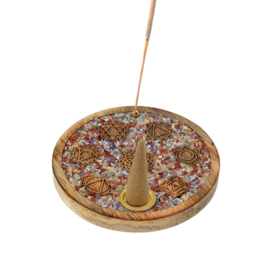 Mango houten - wierook-kegel-houder - 7 Chakra's - met gemengde chakra's steentjes