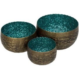 Set van drie waxinelichten - emerald groen teal glitters 12x12x7cm