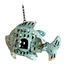 Metalen vis aan ketting - Turquoise groen / mint ± 28x8x18cm