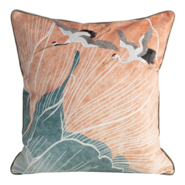 Set van twee prachtige dikke velvet kussens met kraanvogels (1x) 60x60cm en (1x) 30x60cm - wit, mint en petrol en zalm