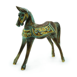 Houten turquoise groen met gouden paard (handgemaakt) ± 32x32cm