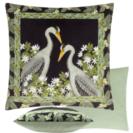 Kussenhoes velvet - print met reigers en bloemen - groentinten, zwart - 45x45cm