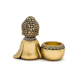 Theelichthouder mediterende Boeddha – goudkleurig – 13 × 6 × 11 cm